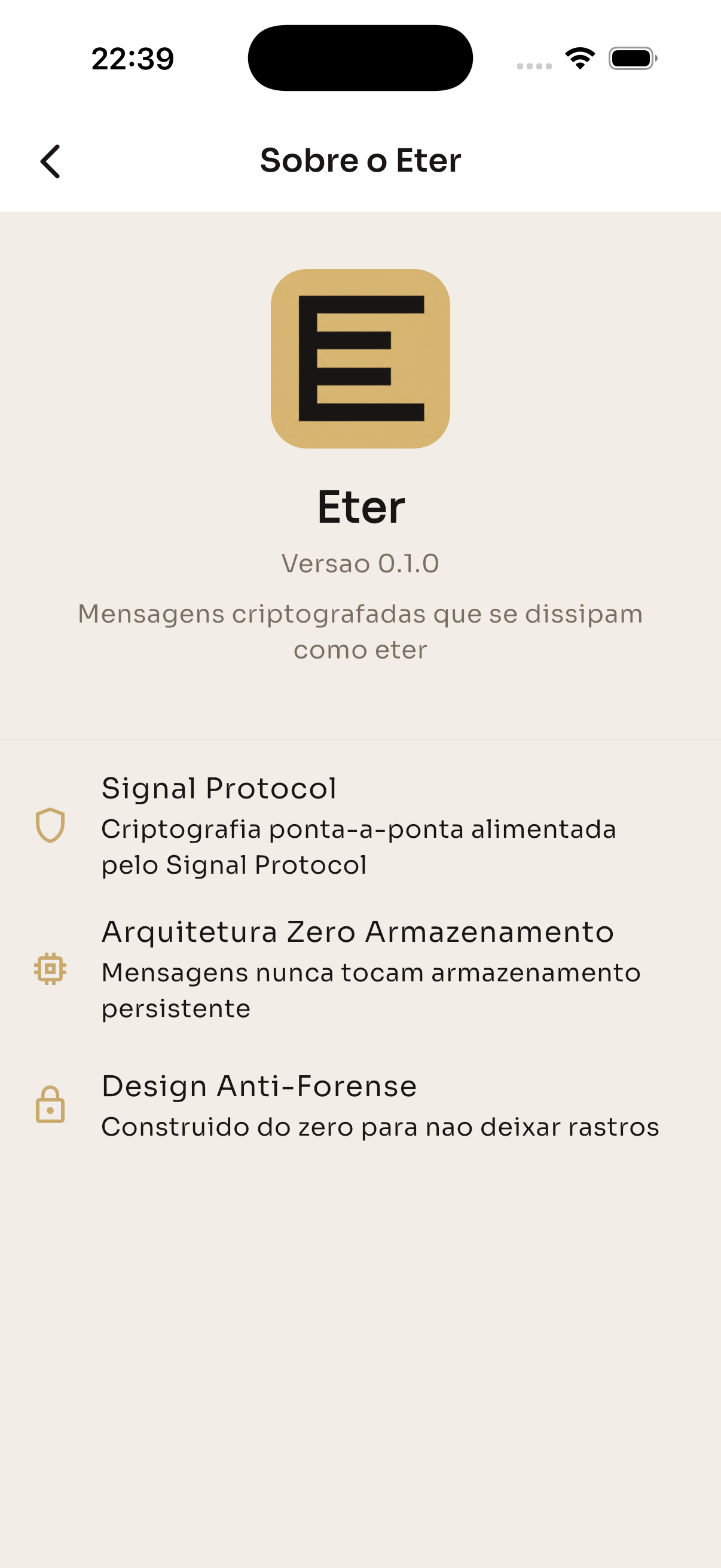 Sobre o Eter — Signal Protocol, Zero Storage, Anti-Forense