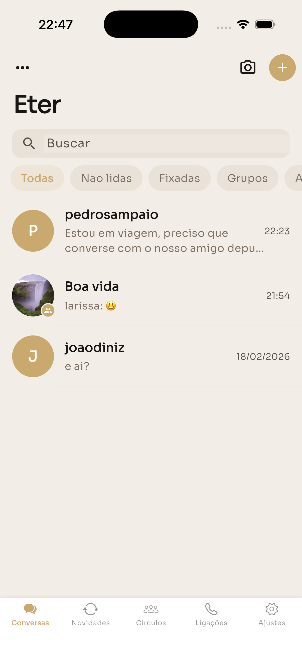 Lista de conversas do Eter com filtros e grupos